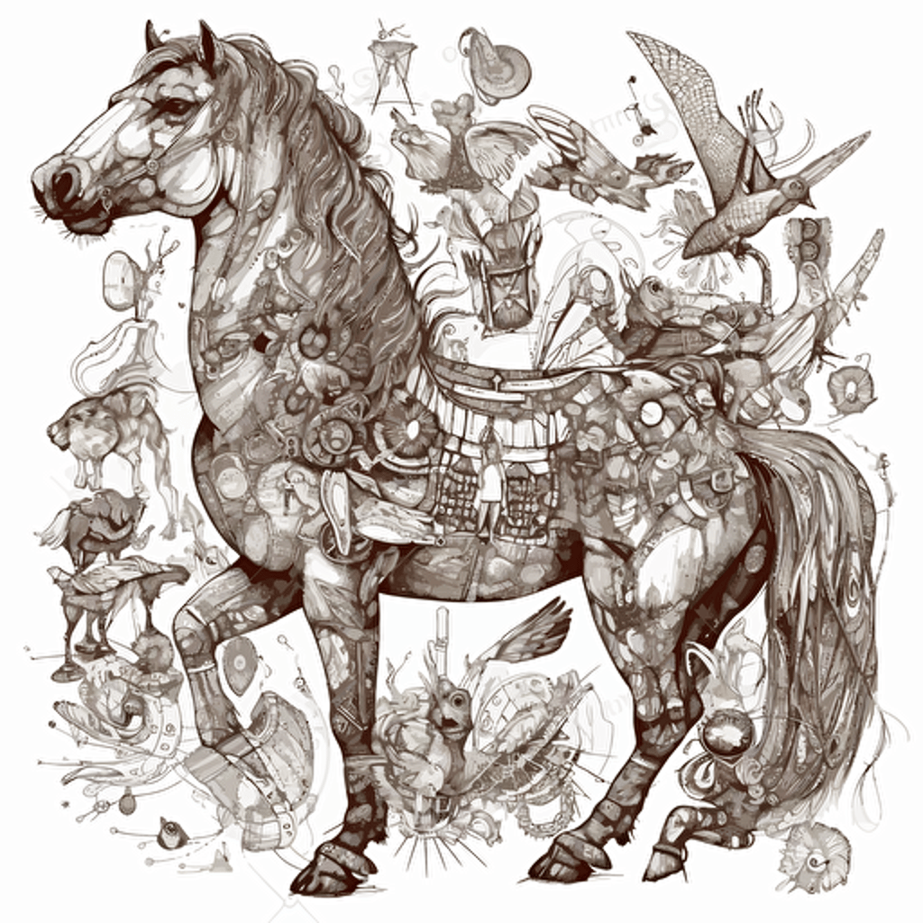 bestiary animal fusion machine, fine ink drawing vector white background, details and particulars,