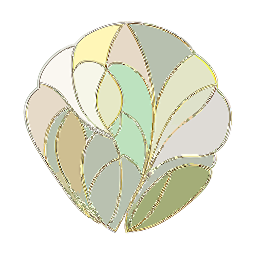 Stained glass petal art on white background. Muted colors. Light green, gold, white. Minimalistic. Flat vector illustration.