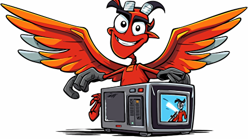 Goofy robot with with wings holding a television, Sticker, Adorable, Tertiary Color, Pixar, Contour, Vector, White Background, Detailed::