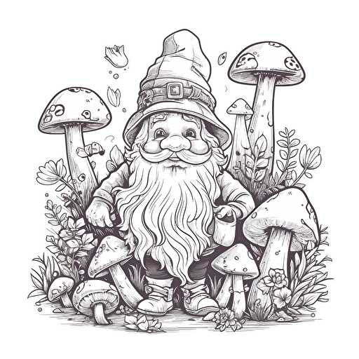 vector image for coloring page cute magical whimsical gnome and mushrooms with a clear background isolated on a white background