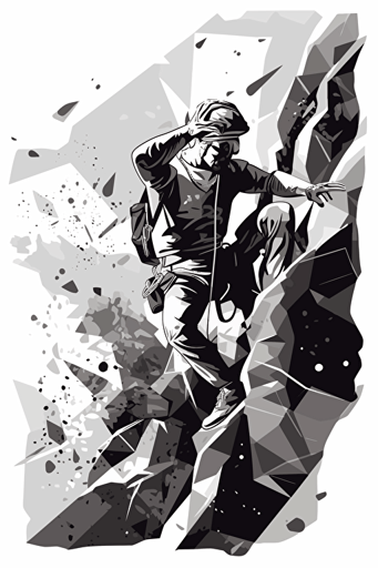 Performing the Climbing Body: Martyrdom, Apeiron, and Vulnerability in Rock Climbing and Mountaineering Stories, B&W, white background, abstract, imaginative, flat vector, illustration, full scene,