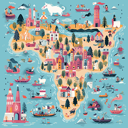a world map in children's illustration style, colourful, vector style