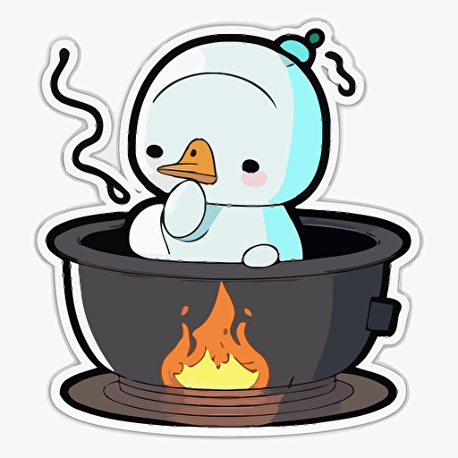 sticker, goose sitting in a pot on a stove with fire all around it, kawaii, contour, vector, white background s 1000
