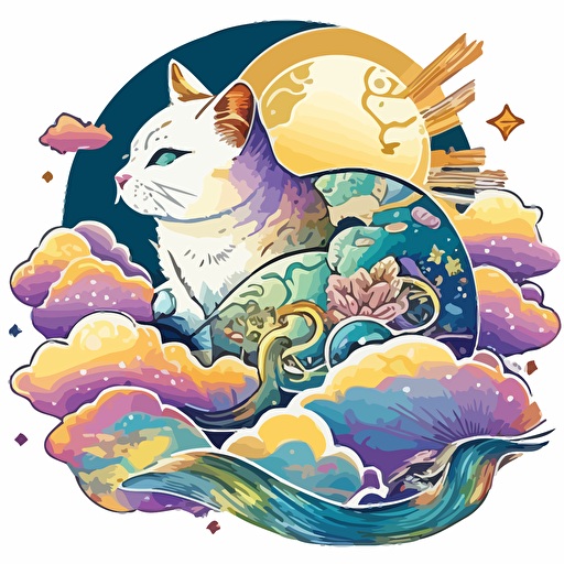 cat japanese style with flames gold coins clouds scifi vector detailed high definition white purple green blue yellow