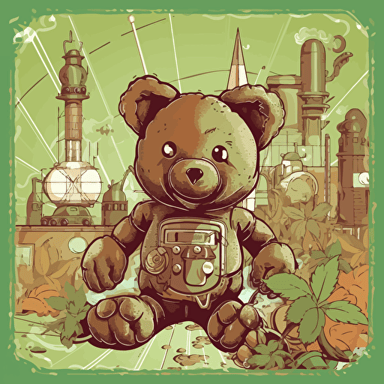 futuristic teddy bear smoking marijuana that is wrapped in a hemp leaf with a edible factory in the background, marijuana plants in the background, candy machines, vector art,