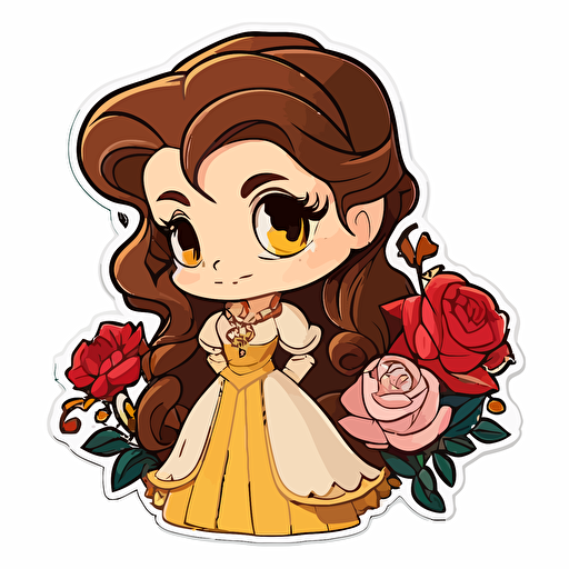 chibi Disney, princess belle from beauty and the beast with roses sticker design with transparent background vector file
