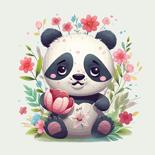 cute panda, flowers, detailed, cartoon style, 2d clipart vector, creative and imaginative, hd, white background
