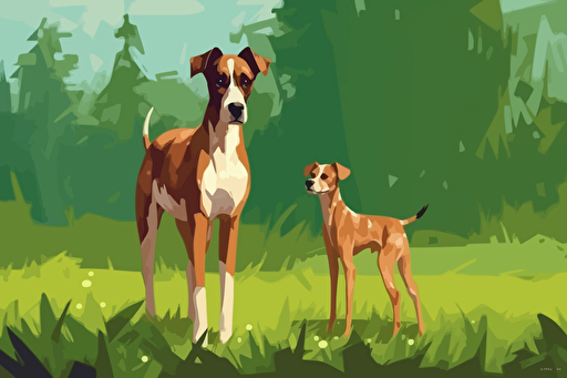 a fawn Great Dane and a Jack Russell terrier, in a grass lawn, vector art style,