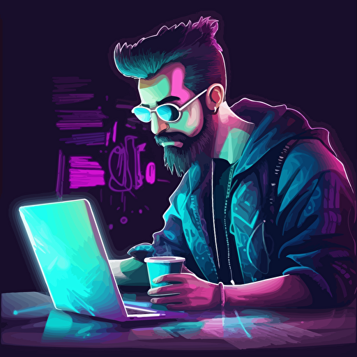 middle age guy with top knot hairstyle, dark hair, with bristle is writing code with coffee, avatar, vector, neon, light