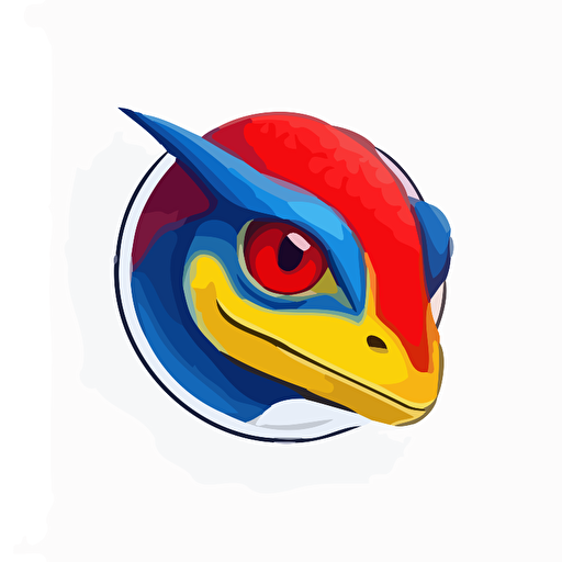 a modern flat logo with predominant red and strong yellow colors of a red and yellow gekko with blue eyes in front view over a white background in vectorial design style art