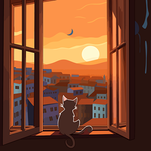 a cartoon cat looking at camera on a window overlooking an italian city during sunset, simple art style, vector art