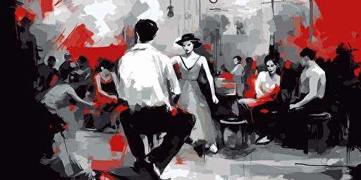 Passionate street performers and spectators, Red Black and white, Vector and oil paint poster art,