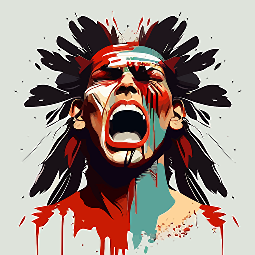 Native American warrior screaming with war paint on face, vector, flat, clean design, two feathers in hair**