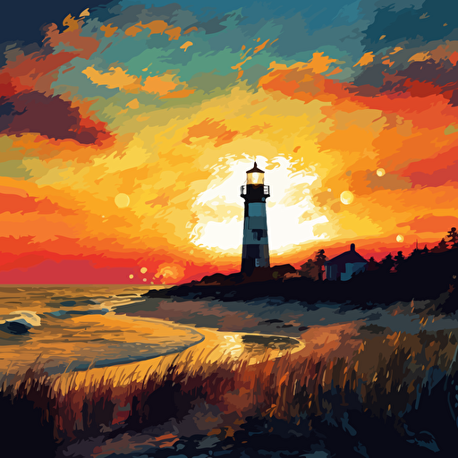 Abstract sunset, new england seacoast beach, ocean, Lighthouse offf in the distance, rex ray + van gogh style, vector design, HDR