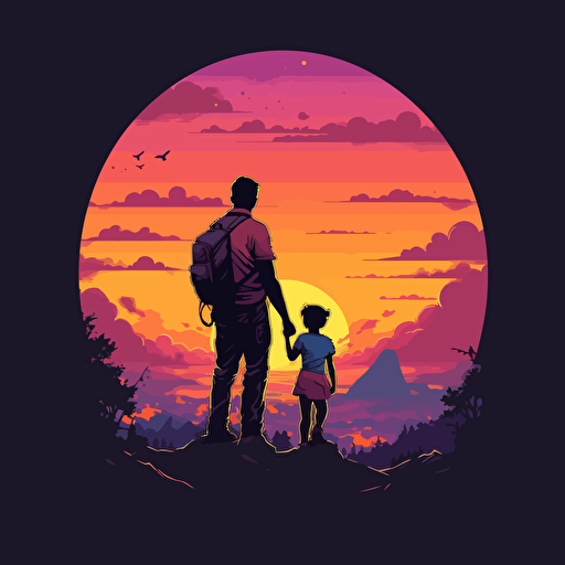 vector art, silouhette, a dad giving a child a piggy ride, as they look at the sunset. perspective from the back, fun colors and kid friendly vibes