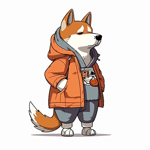 Shiba Inu chav outfit, color palette, akira toriyama, wide angle, dragon ball, chav outfit, side profile shot, cartoon 2d, cartoon anime, colors, surreal, Vector illustration, white background