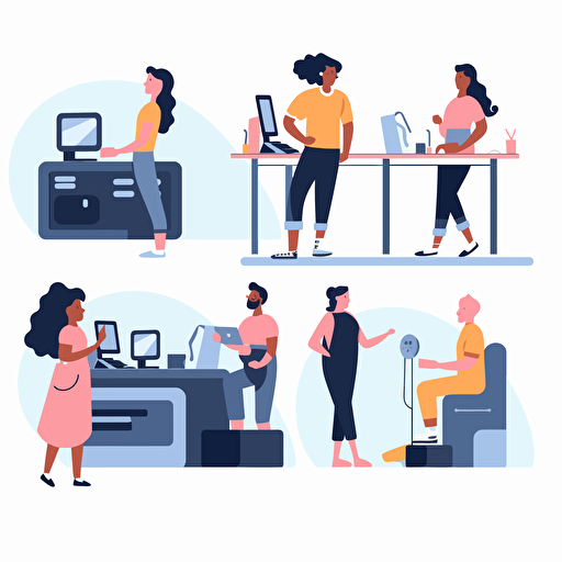 detailed vector animation of happy customers using machine and devices