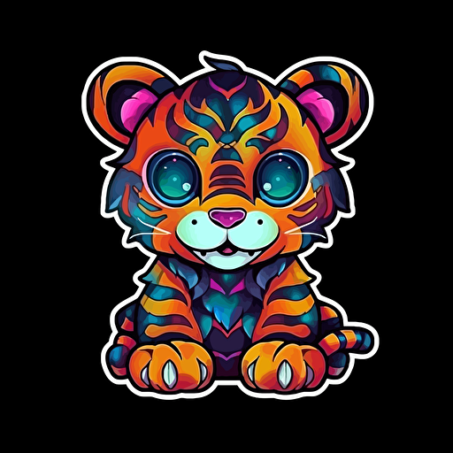 sticker, colorfull cartoon tiger, kawaii, contour, vector, black background