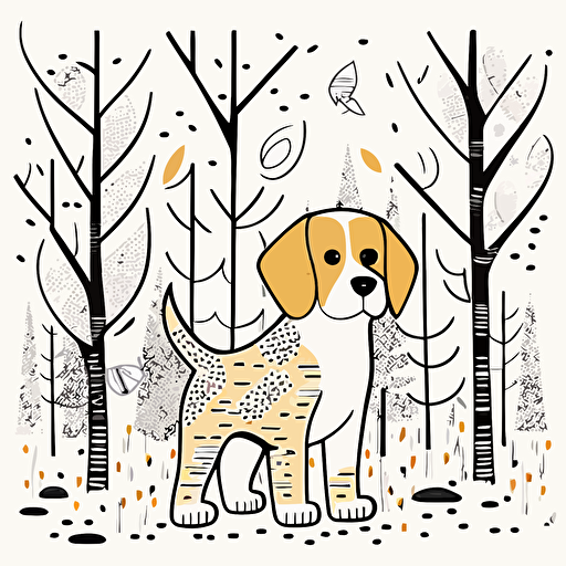 cute dog in the forest, big cute eyes, pixar style, outline and simple shapes, pointillism style, flat vector, white background