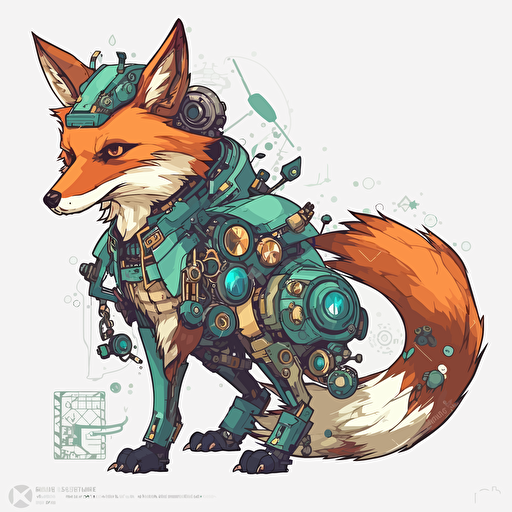 animal mount anime fox cyber punk, BLU and green gemmes white background, cartoon 2d, cartoon anime, Vector illustration, white background