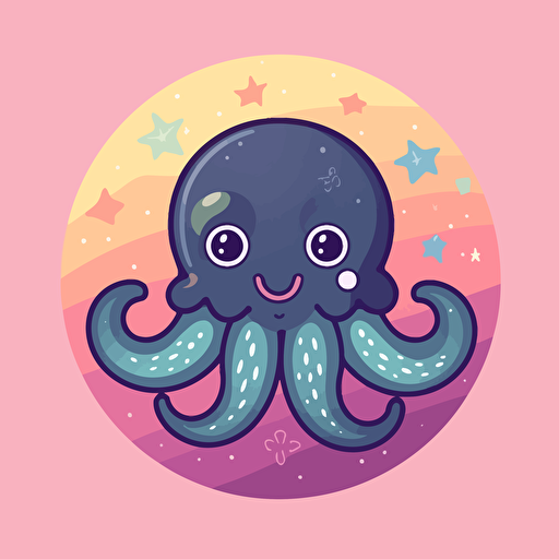 flat 2d vector logo of a cute octopus, muted rainbow, 80s,galaxy-inspired