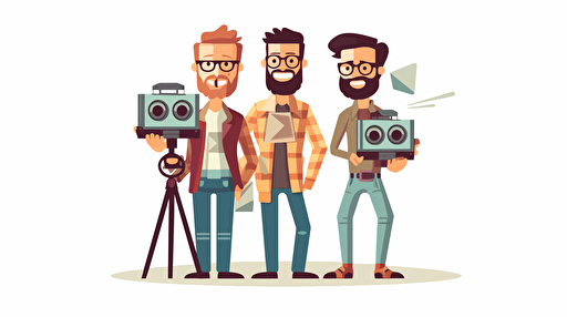 three guys making a movie. vector style over white.