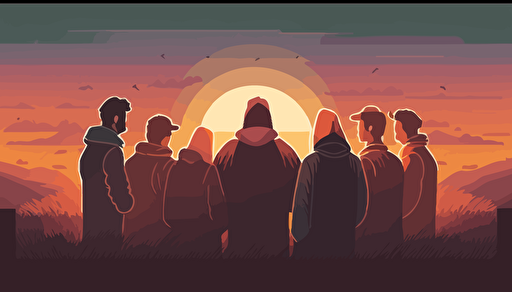 Vector Art, WIDE ANGLE shot with long depth of field. It's around sunset on a warm sunny summer day Soft, richly colored. image of a small group of modern day Christians who've gathered casually to pray, They are huddled together, with heads bowed, praying and holding each other's hands facing the beautiful horizon.