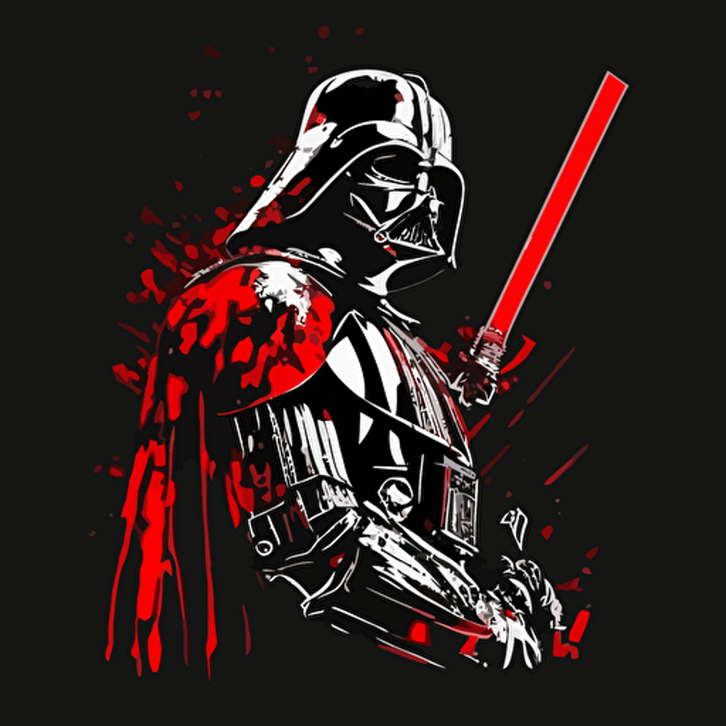 darth vader with red light saber, black and white background, vector image