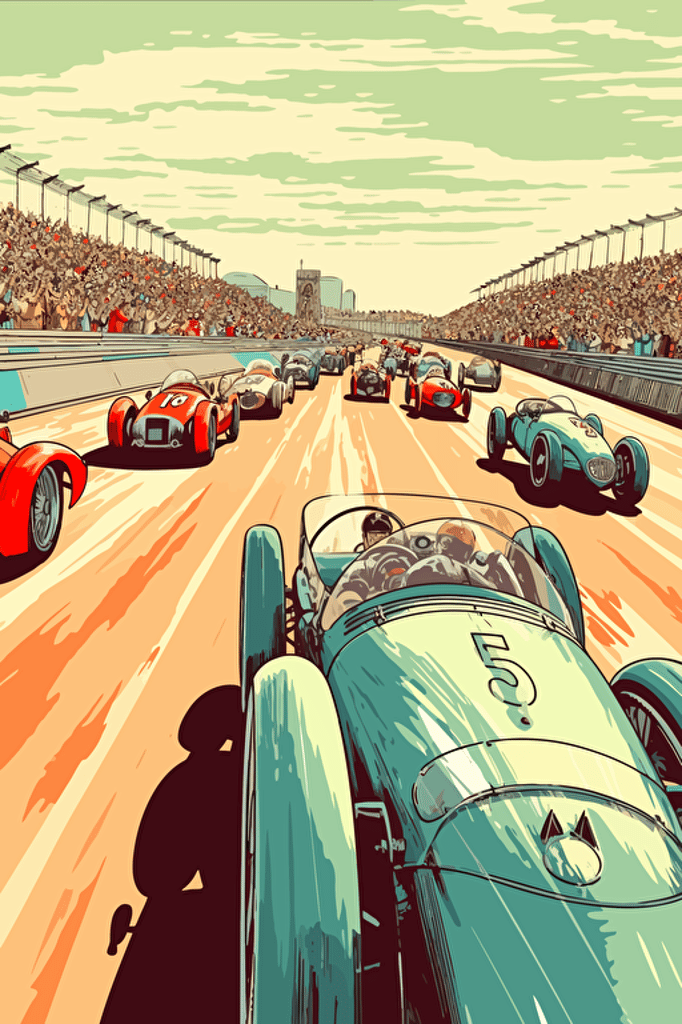 poster cartoon style, 1950's racing event, speed, flags, hot wheels loops::2, spectators, summer, vector art, light colours,