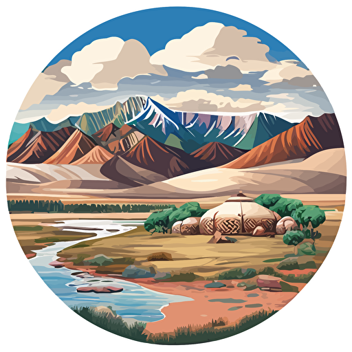mongolian style painting nature clouds mountains ornament river trees vector ger yurta nomadic