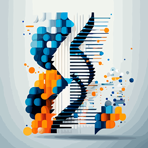 An abstract representation of a genetic sequence, flat design, vector art, off-white background, blue and orage theme