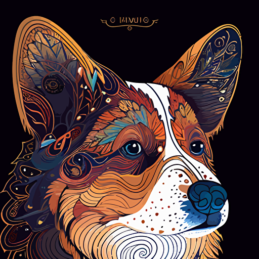 corgi head front on view only illustrative and vector only with intricate patterns and detail, vibrant colours