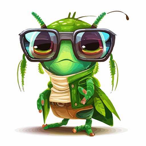 a very cute baby grasshopper wearing very big sunglasses dressed up as a farmer, as a cartoon type, as a vector, white background, bright graffiti colors