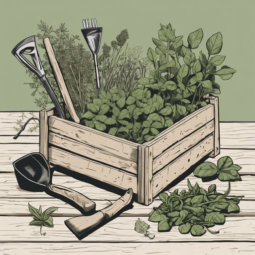 Fresh herbs and garden tools spread out on an old wooden crate