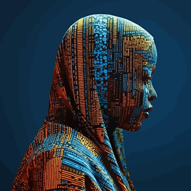 cyberpunk ghost in the machine, techno-ziggurat made of digital binary barcode data, cryptopunk vector dot matrix futuristic generative art landscape, ultra-sharp intricate details::3 artwork by Hassan Hajjaj:: artwork by Mary Sibande:: artwork by Viviane Sassen:: artwork by Aida Muluneh:: artwork by Delphine Diallo