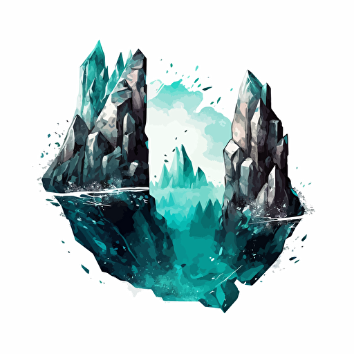 stylized turquoise-color illustration vector dark fantasy art clean / black and turquoise with white accents on a white background / showing a massive geode cave landscape with large, reflective faceted organic beautiful pointed crystals, holding a wide ocean extending to the bottom edge of the image