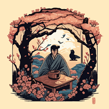 Inspired by traditional Japanese woodblock prints, create a vector illustration of Satoshi Nakamoto participating in a tea ceremony in a serene Japanese garden. Set the scene during a peaceful afternoon with cherry blossoms in bloom.