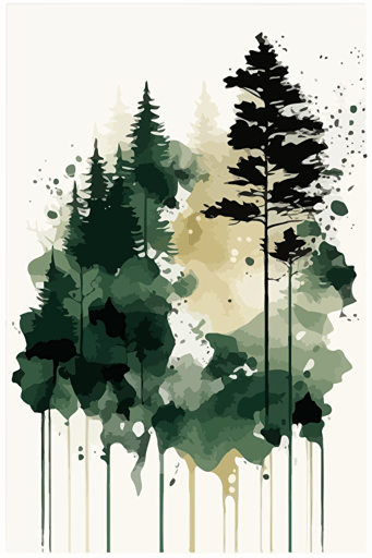 Forest green and beige watercolour abstract landscape art, Minimalist, vector, contour