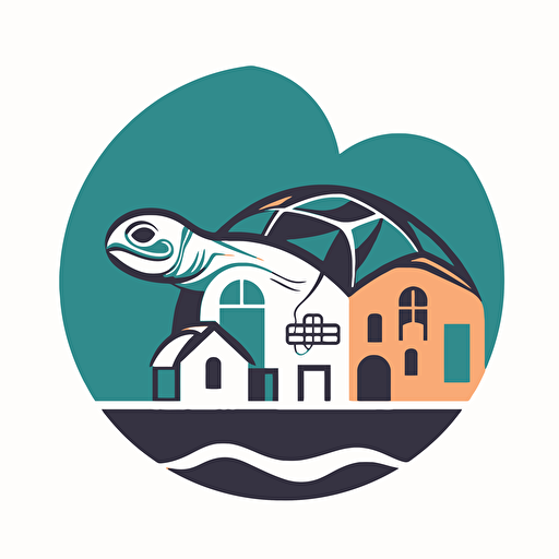 turtle with buildings embeded at its shell, circle logo, vector