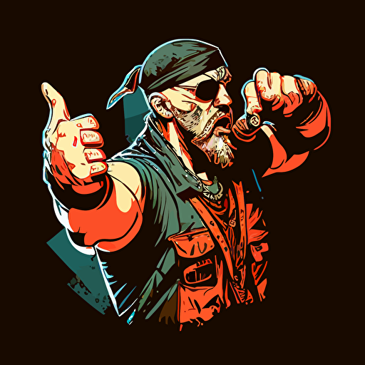 techno viking jacked and wearing cargo pants raving and pointing with his right forefinger in air, illustration, vector, gta style, logo, hd