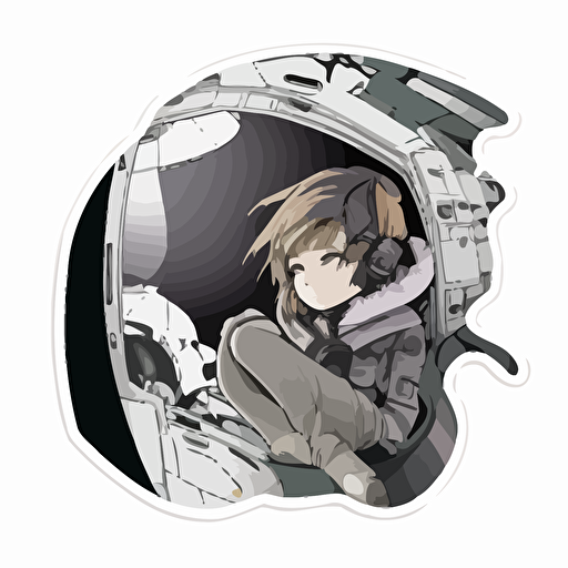 Girl in spaceship, Sticker, Relaxed, Dark and light colours, Anime, Contour, Vector, White background, Detailed
