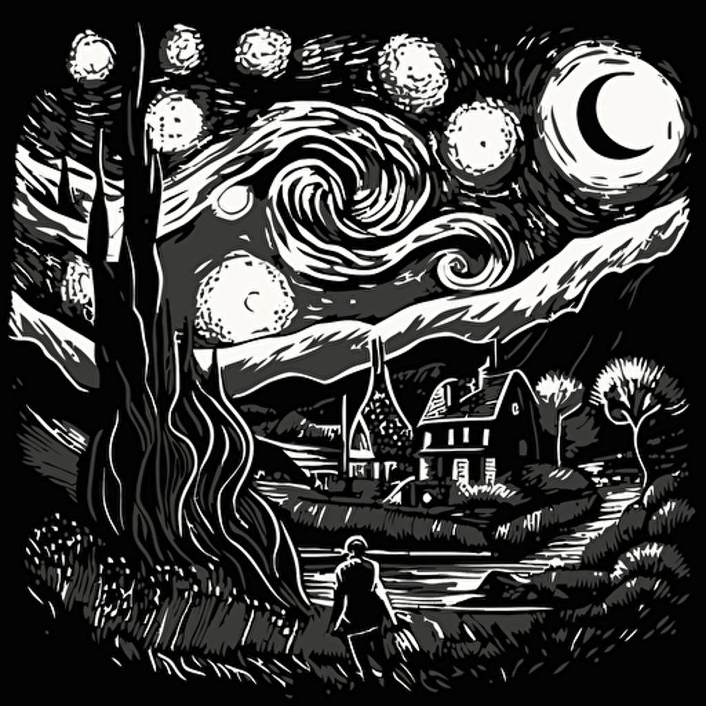 Develop a monochromatic, black-and-white vector illustration of "The Starry Night" by Van Gogh, emphasizing the contrast and depth of the original painting.