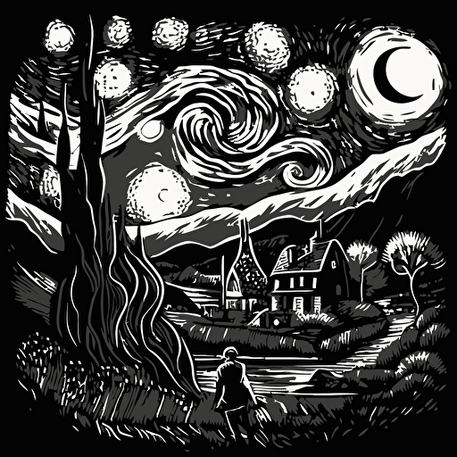 Develop a monochromatic, black-and-white vector illustration of "The Starry Night" by Van Gogh, emphasizing the contrast and depth of the original painting.
