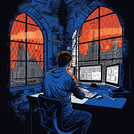 a vector image looking from behind a university teacher who is using a computer, window outlooking a prison yard, blue and orange and dark gray, graffiti style