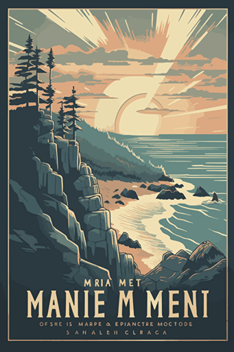 A nostalgic travel illustration depicting the maine Coast (content: idyllic forested rugged seashore scene, tall pines, azure ocean waters) with crashing surf (medium: digital vector art)(style: reminiscent of mid-century modern travel advertisements)(lighting: soft, warm sunlight, creating a welcoming atmosphere)(colors: a harmonious palette of pastel blues, greens, and reds lending a retro charm to the design)(composition: shot from a high vantage point with a standard lens, showcasing the coast's striking landscape, with a bridge crossing a river as it empties into the ocean and the sea forming a calm backdrop).