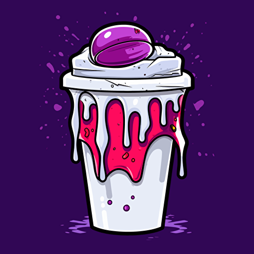 a vector design of a white styrofoam cup tipped over dripping purple syrup, cartoon style, sticker, black background