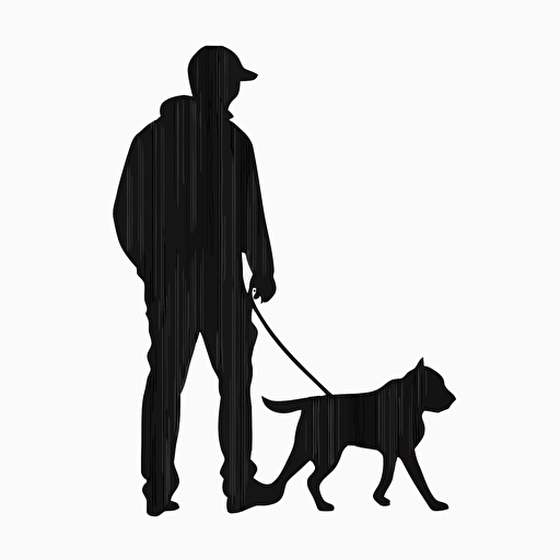A logo of a person walking a dog in a simple vector style with only black and white colors and no background