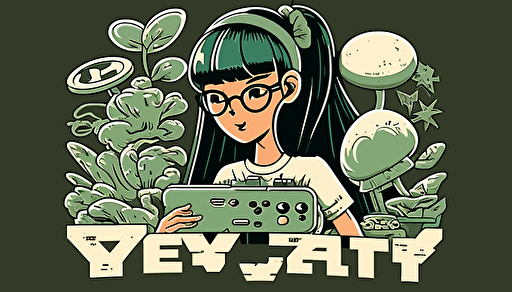 logo, retro illustration style, cozy games in sage green tones, with a video game theme, that is a gamer girl with black hair and bangs and glasses who likes plants and mushrooms and plays video games in pc gamer you can add a keyboard and mouse and the girl's name is yeyekat logo vector, in the style of alex gross, emphasizes emotion over realism, jim mahfood, fish-eye lens, vaporwave, pierre-mony chan, dreamy realism , cartoon ,