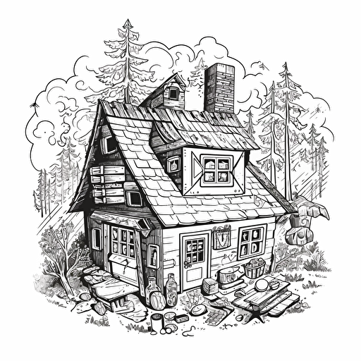 cabin for board game addicted people, logo:3, black white drawing, vector