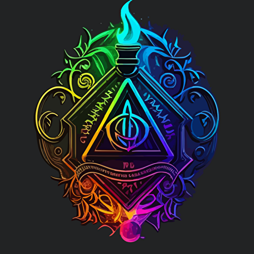 Make a highly detailed vector image of a label for an up and coming apparel company, make this design modern and simple, intense neon rainbow coloring, in the style of a 1940's alchemical symbol for the philosopher's stone, v5